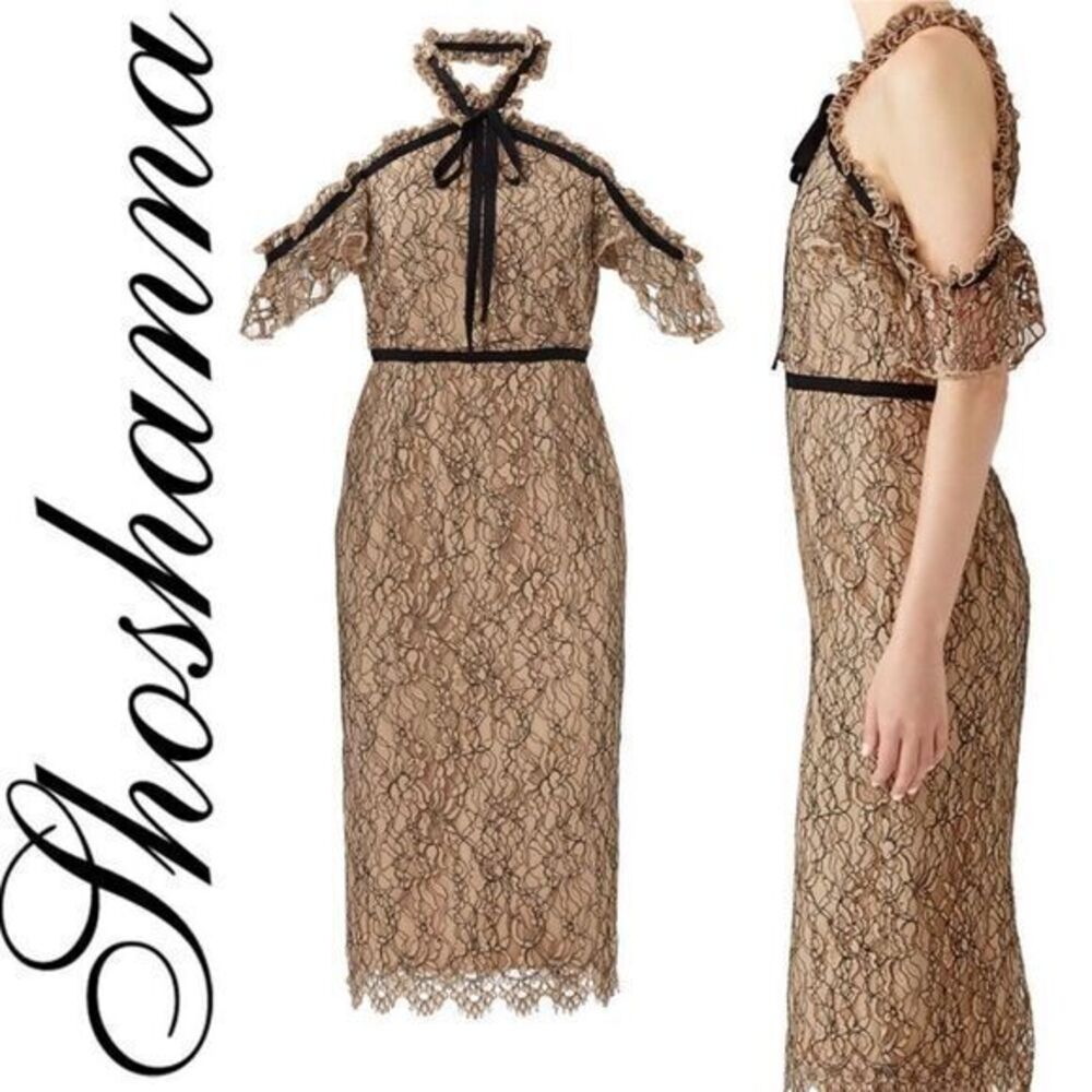 Shoshanna lace overlay cold shoulder dress nude